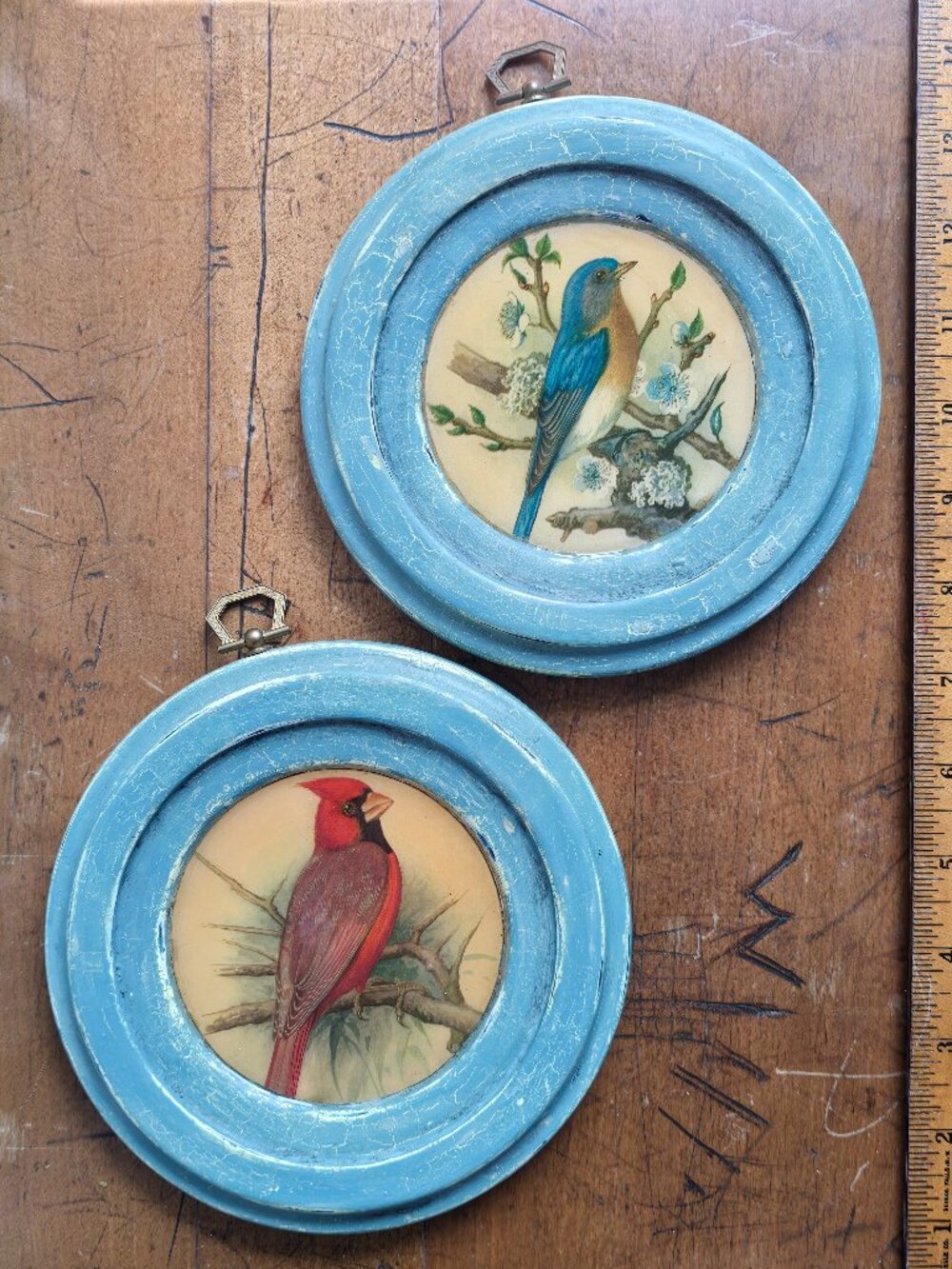 Vintage P.H. Gonner Bird Print Wall Plaque Blue Crackle Frame Set of 2 Litho